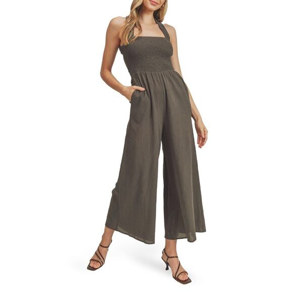 Lush Women's Smocked Tie Back Jumpsuit In Moss size L (b8) - Picture 1 of 4